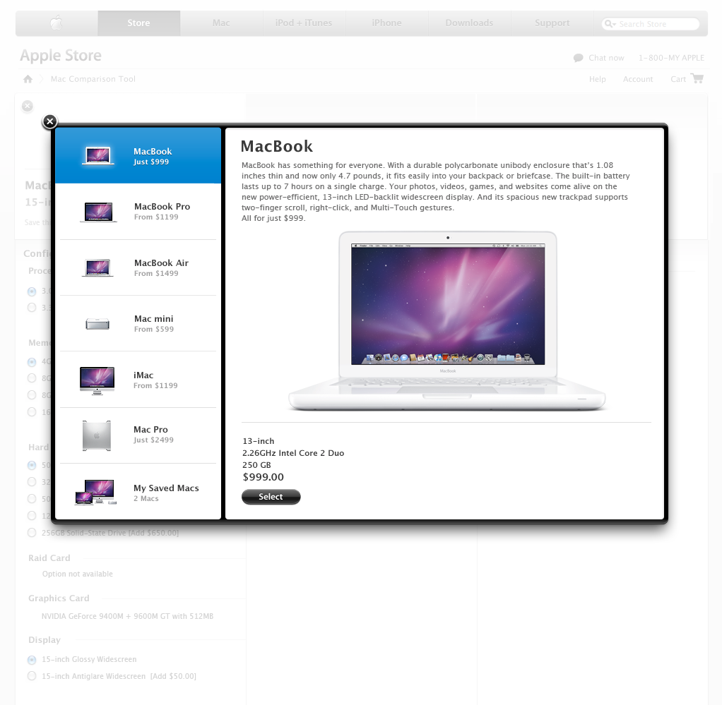 Mac Comparison tool Modal window detail